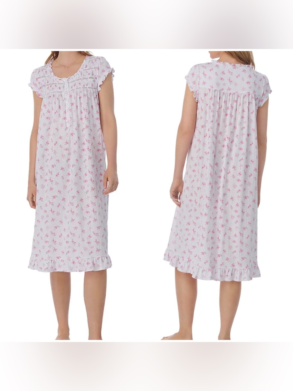 Eileen West Smocked Waltz Floral Nightgown White/Pink Ruffle Trim Medium